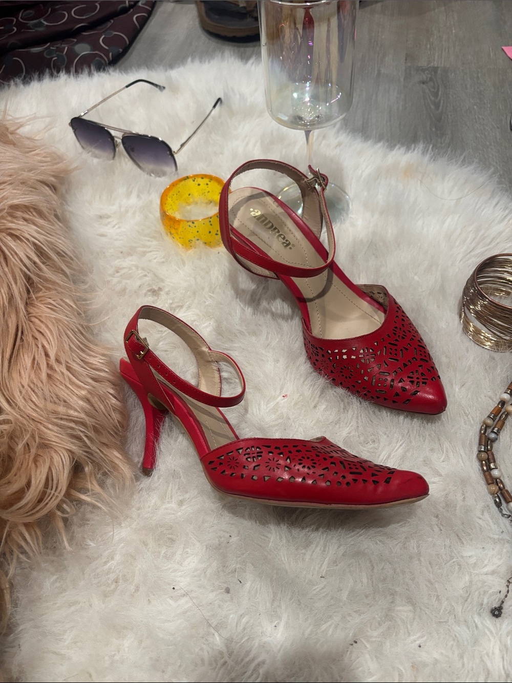 Andrea By Sadek Red Laser-Cut Pointed Toe Ankle Strap Heels